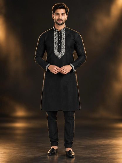 Men's Embroidered Japanese Fabric Kurta Set - Black