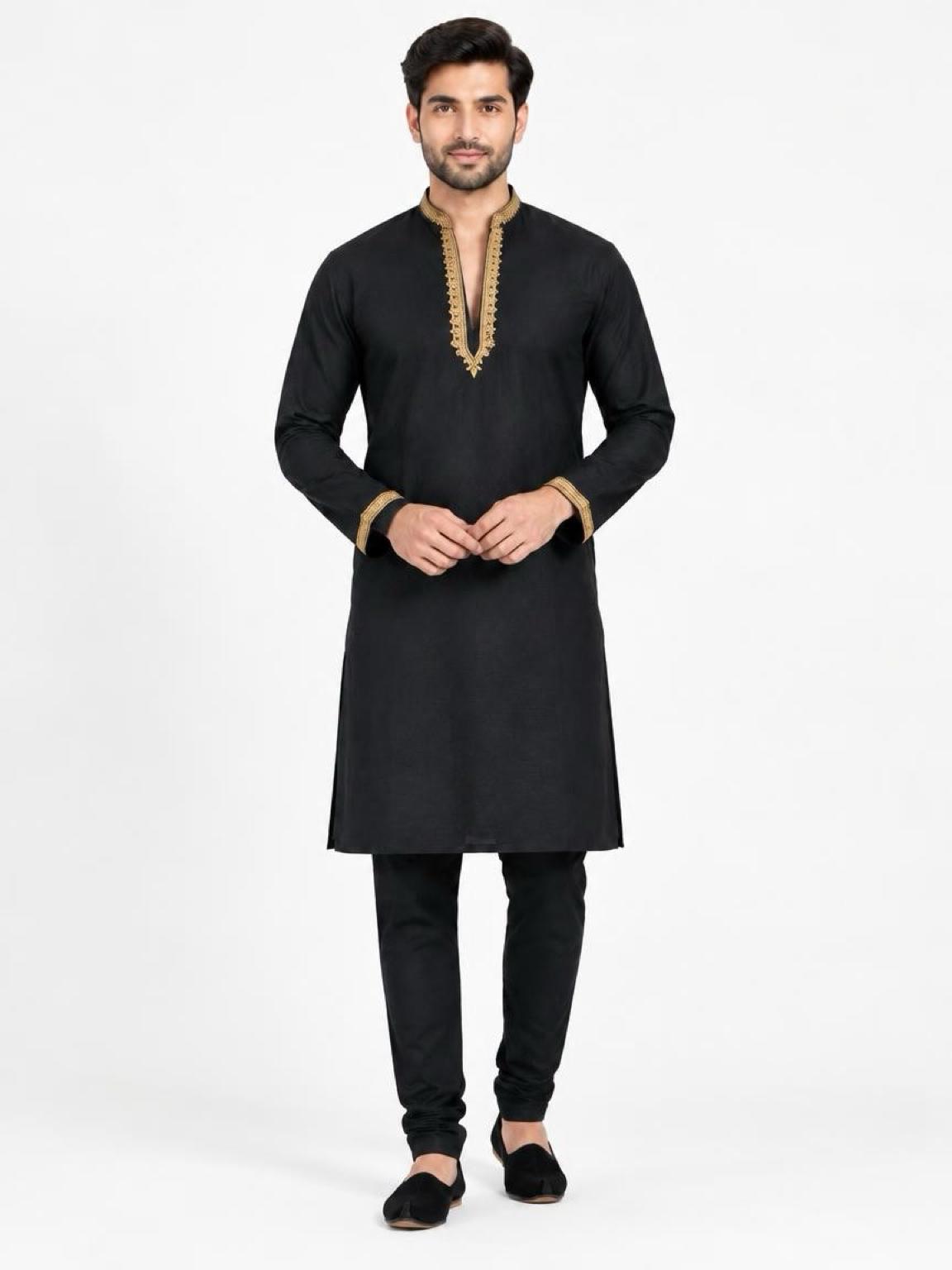 Men's Embroidered Japanese Fabric Kurta Set - Black