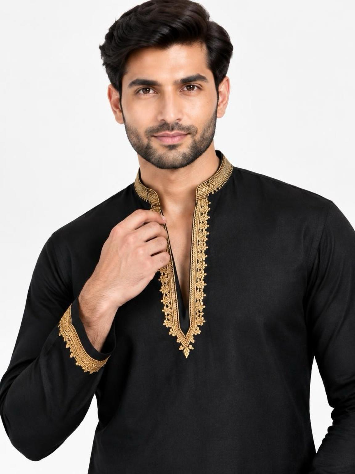 Men's Embroidered Japanese Fabric Kurta Set - Black