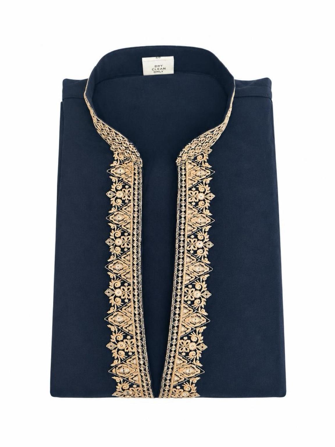 Men's Embroidered Japanese Fabric Kurta Set - Black
