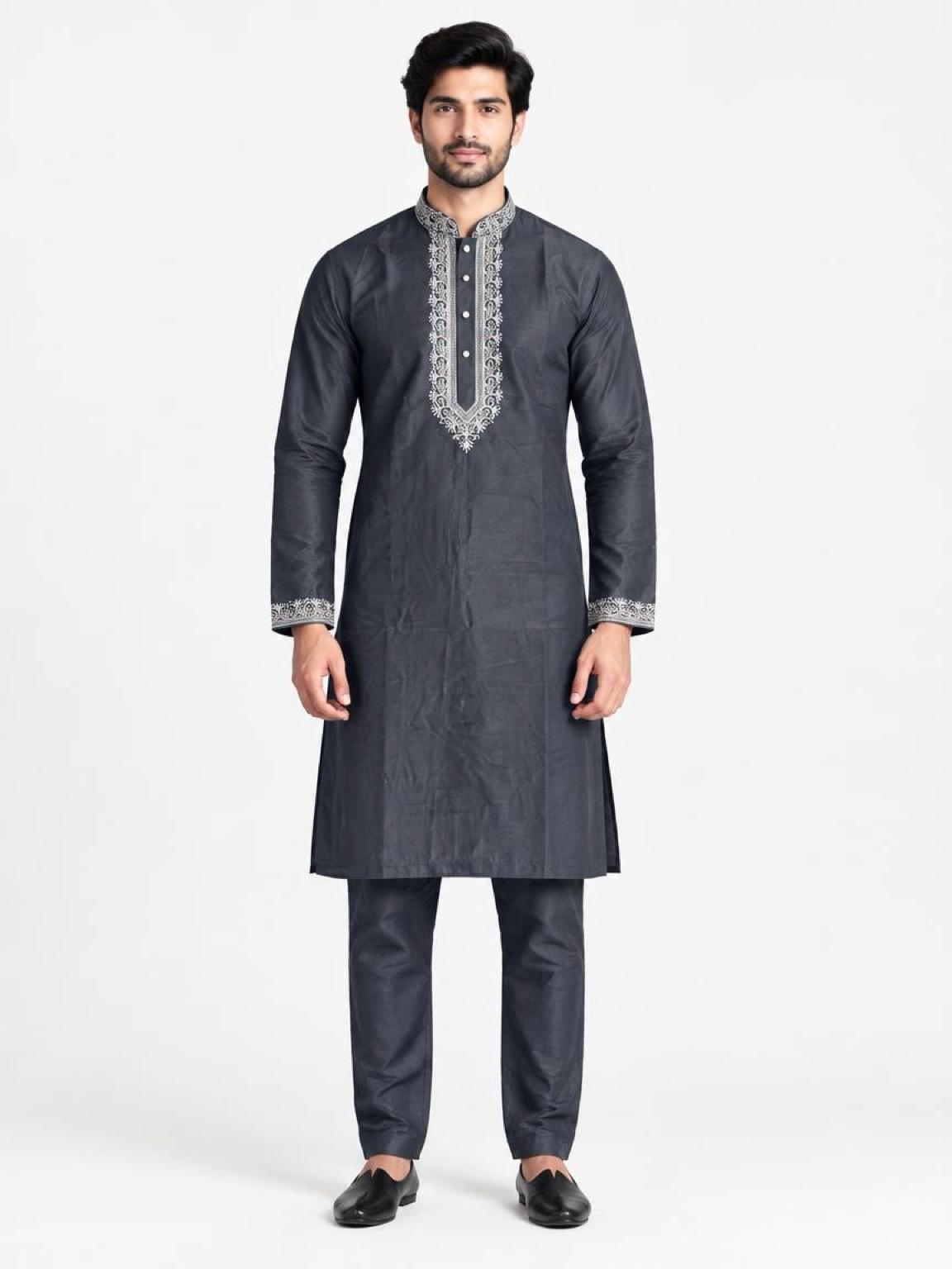 Men's Embroidered Japanese Fabric Kurta Set - Charcoal Grey