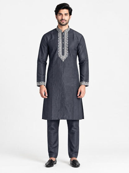 Men's Embroidered Japanese Fabric Kurta Set - Charcoal Grey