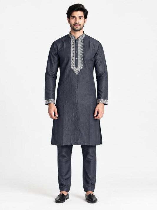 Men's Embroidered Japanese Fabric Kurta Set - Charcoal Grey