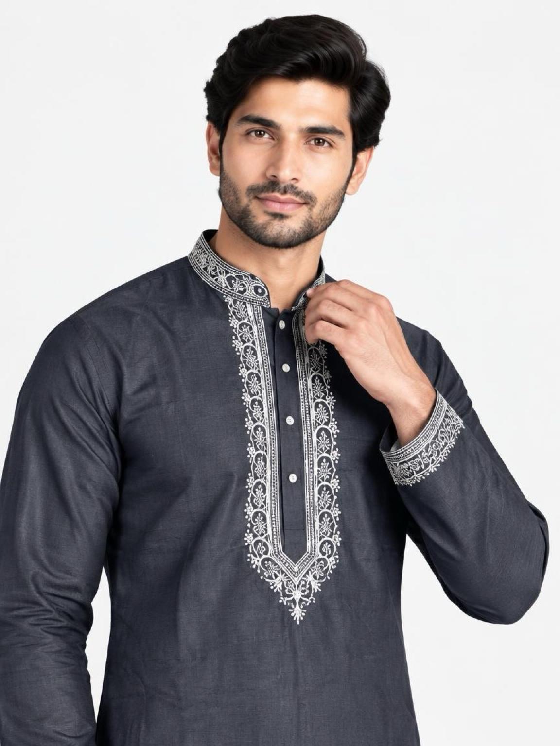Men's Embroidered Japanese Fabric Kurta Set - Charcoal Grey