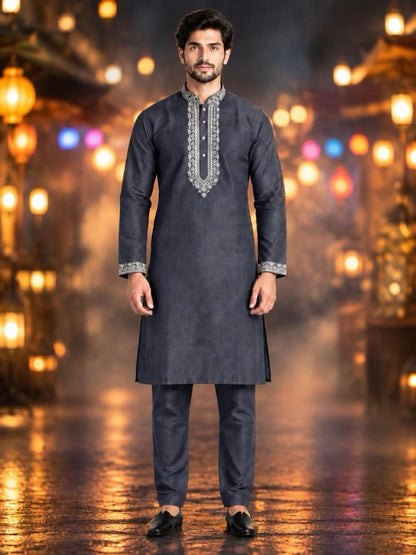 Men's Embroidered Japanese Fabric Kurta Set - Charcoal Grey