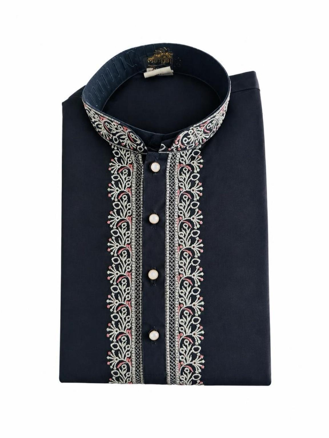 Men's Embroidered Japanese Fabric Kurta Set - Charcoal Grey