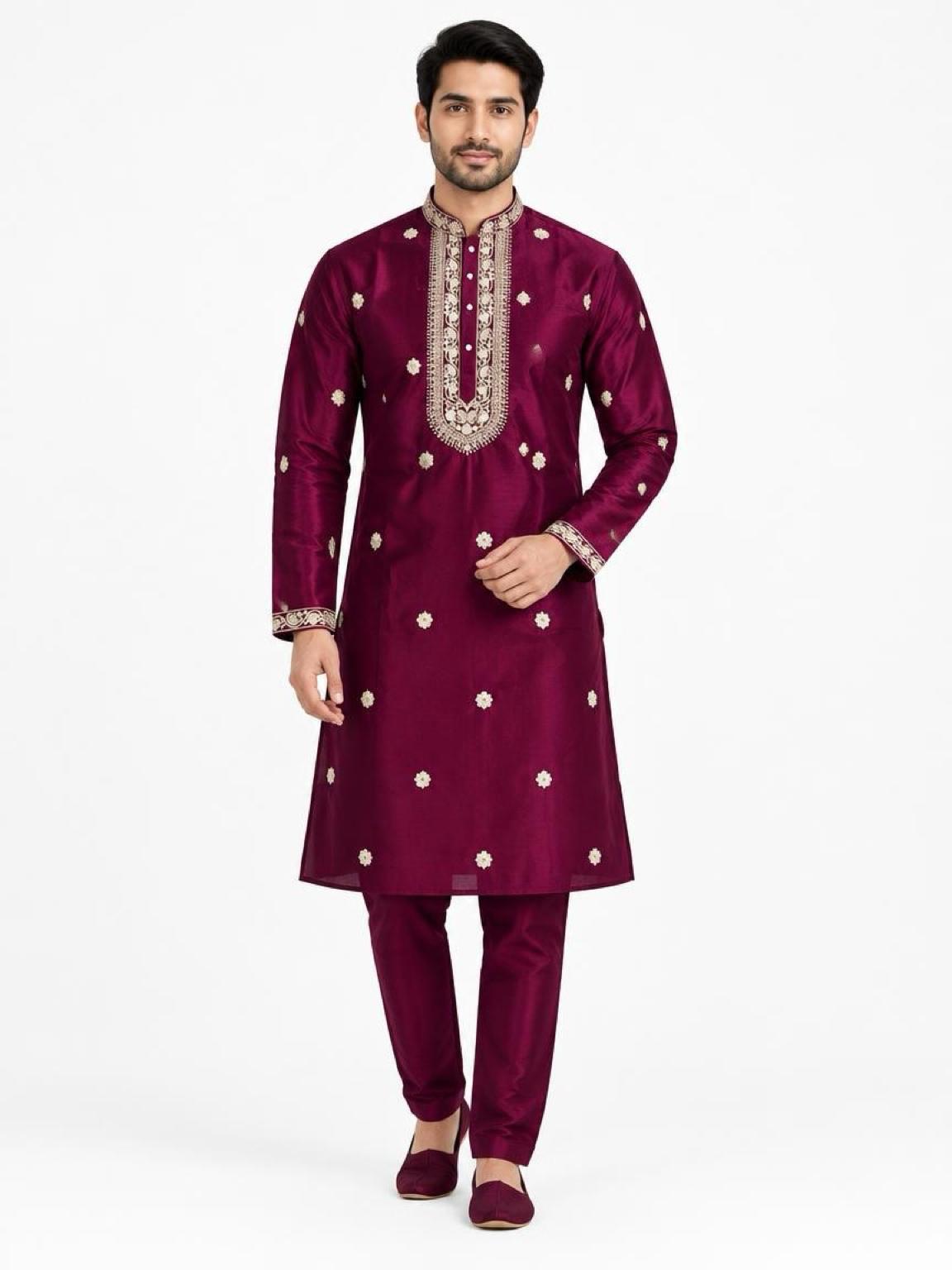 Men's Embroidered Japanese Fabric Kurta Set - Maroon