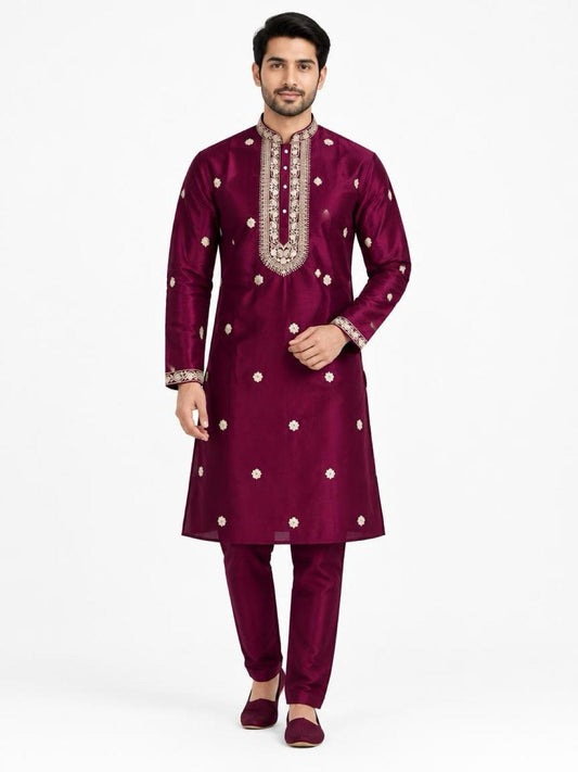 Men's Embroidered Japanese Fabric Kurta Set - Maroon