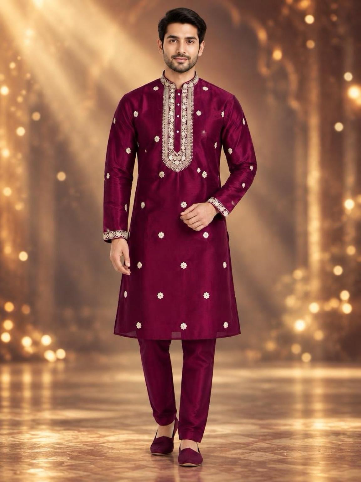 Men's Embroidered Japanese Fabric Kurta Set - Maroon