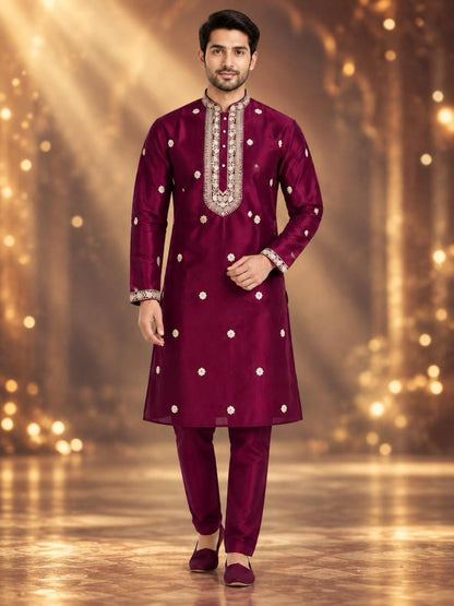 Men's Embroidered Japanese Fabric Kurta Set - Maroon