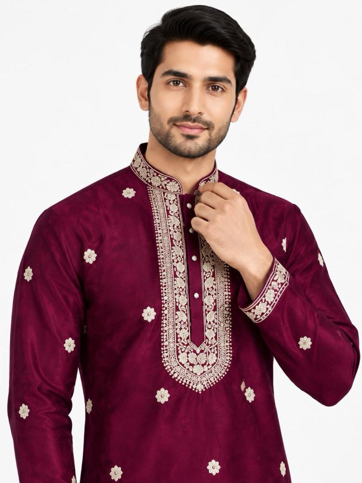 Men's Embroidered Japanese Fabric Kurta Set - Maroon