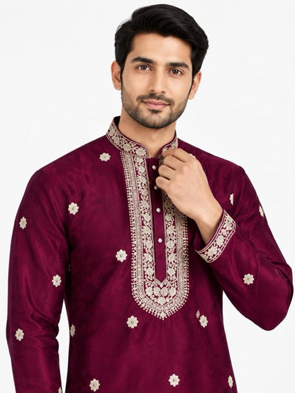 Men's Embroidered Japanese Fabric Kurta Set - Maroon
