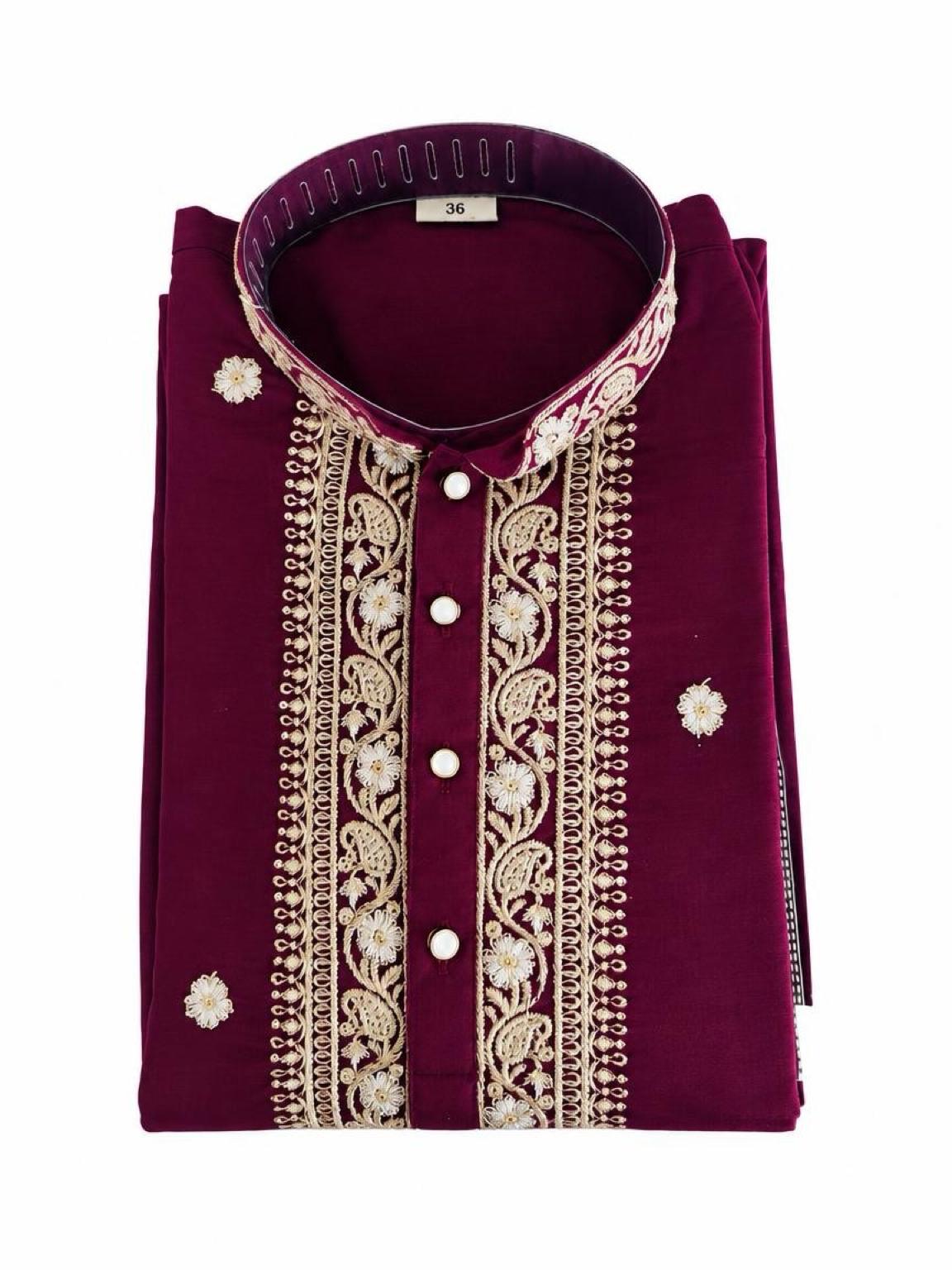 Men's Embroidered Japanese Fabric Kurta Set - Maroon