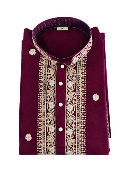 Men's Embroidered Japanese Fabric Kurta Set - Maroon