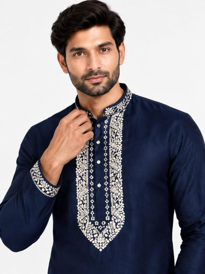 Men's Embroidered Japanese Fabric Kurta Set - Navy Blue