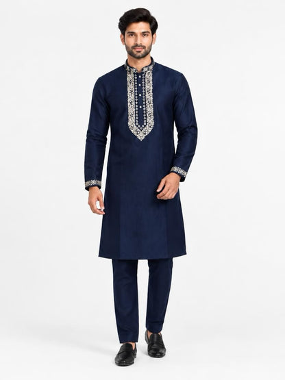Men's Embroidered Japanese Fabric Kurta Set - Navy Blue