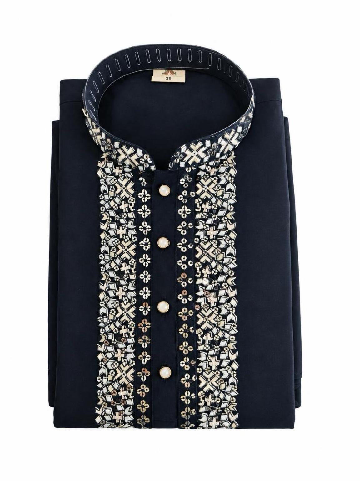 Men's Embroidered Japanese Fabric Kurta Set - Navy Blue