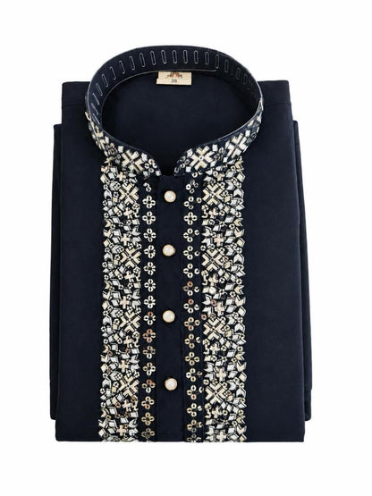 Men's Embroidered Japanese Fabric Kurta Set - Navy Blue