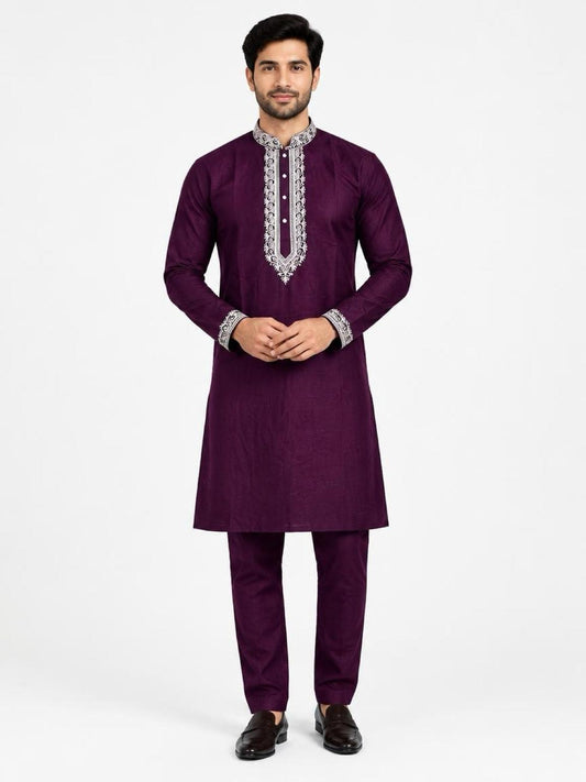 Men's Embroidered Japanese Fabric Kurta Set - Purple