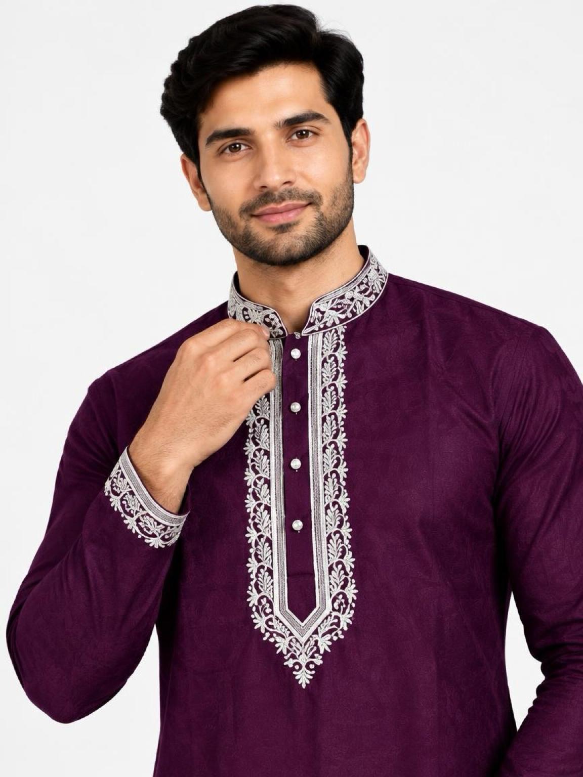 Men's Embroidered Japanese Fabric Kurta Set - Purple