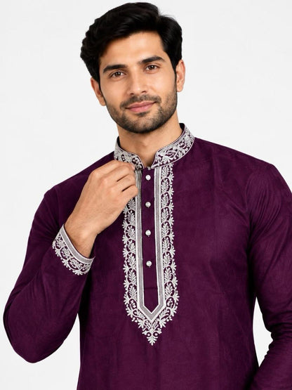 Men's Embroidered Japanese Fabric Kurta Set - Purple