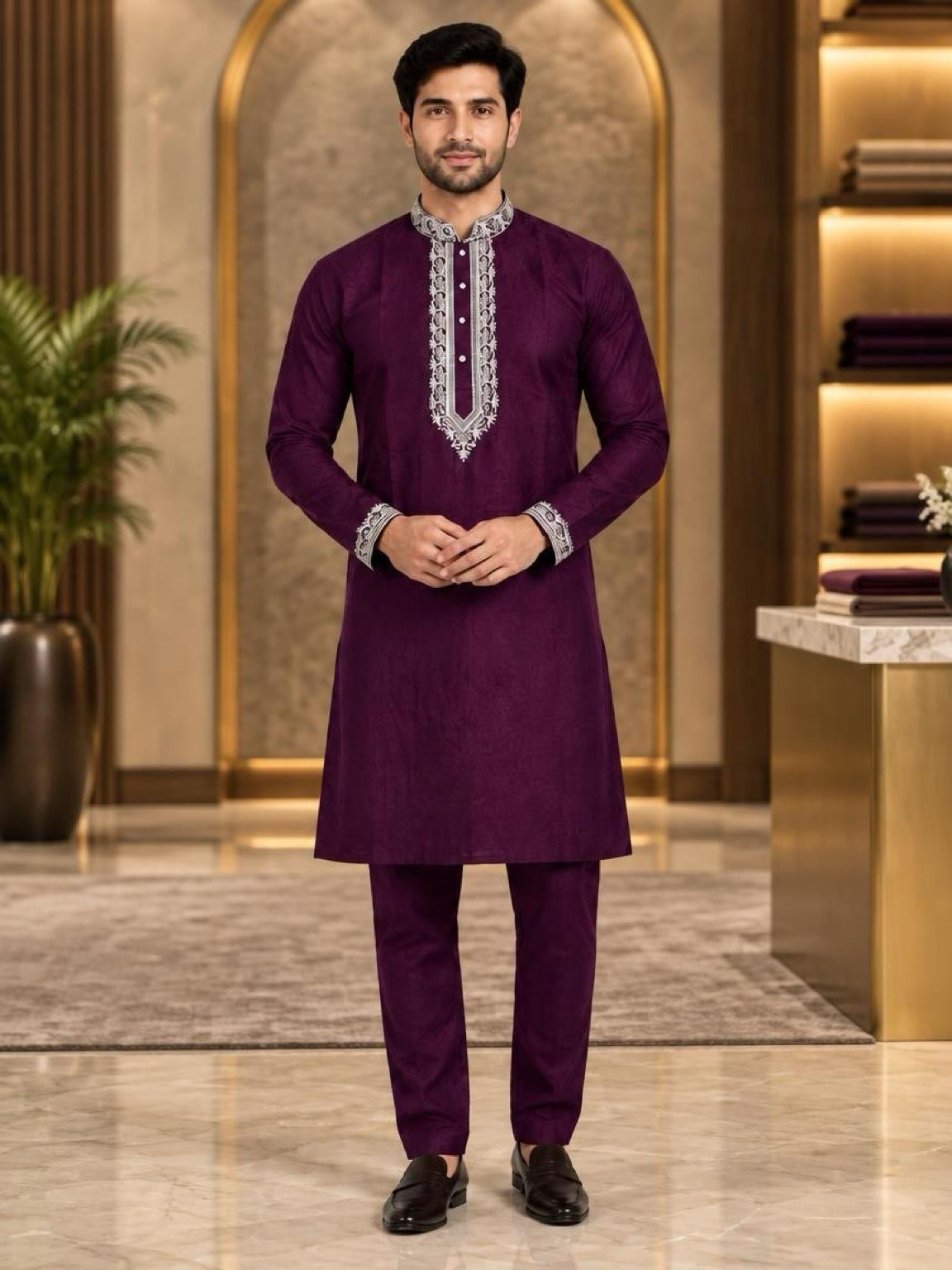 Men's Embroidered Japanese Fabric Kurta Set - Purple