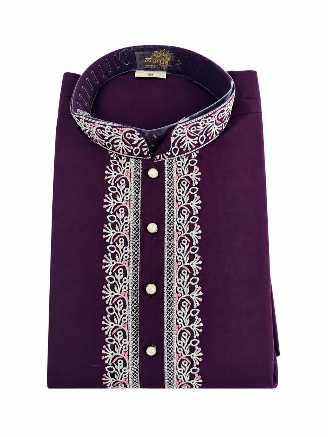 Men's Embroidered Japanese Fabric Kurta Set - Purple