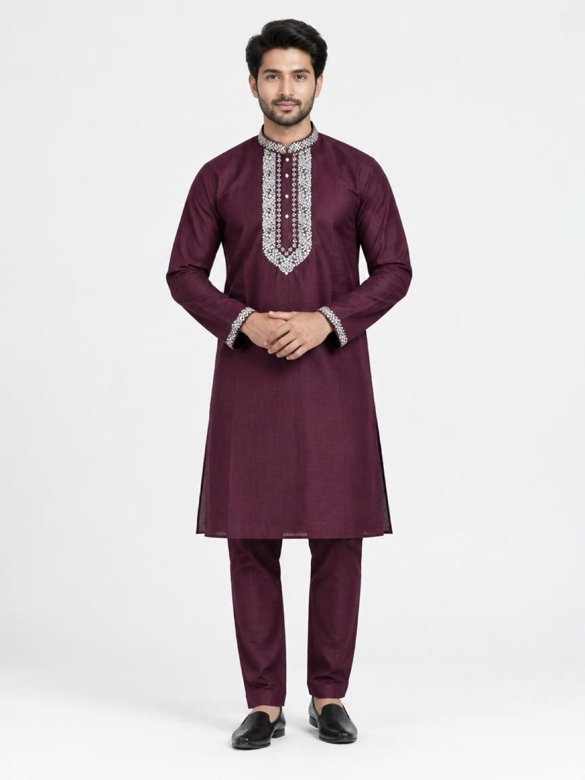 Men's Embroidered Japanese Fabric Kurta Set - Wine
