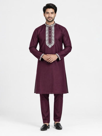 Men's Embroidered Japanese Fabric Kurta Set - Wine