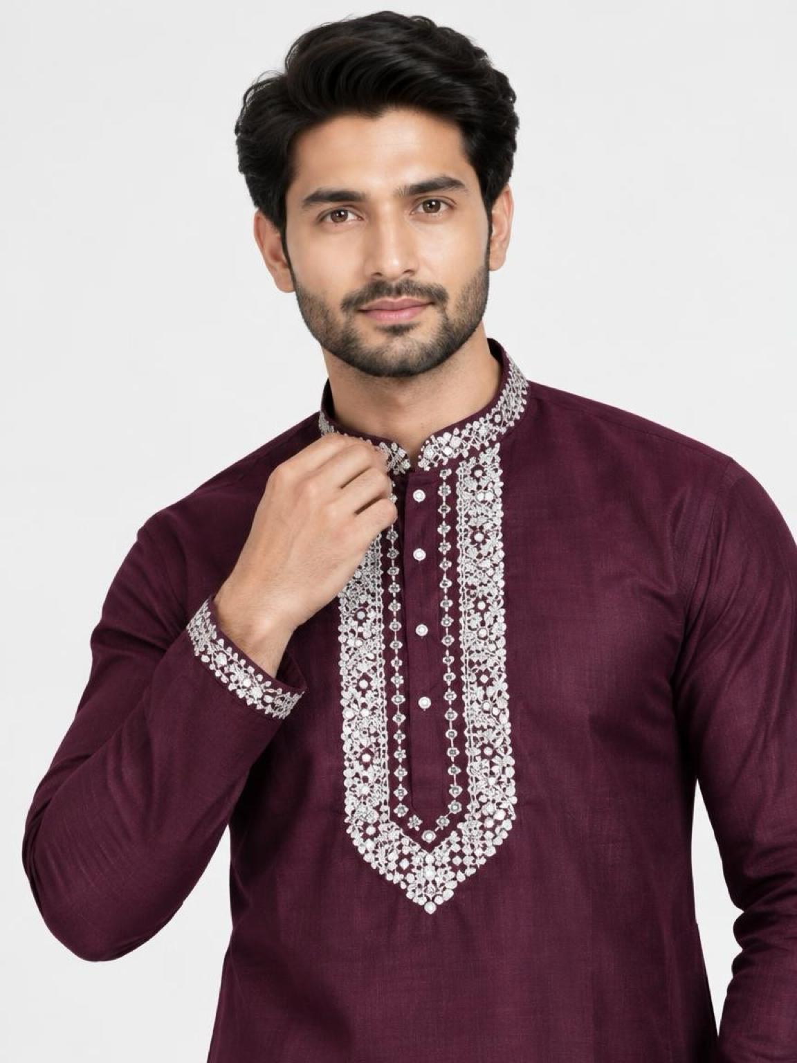 Men's Embroidered Japanese Fabric Kurta Set - Wine