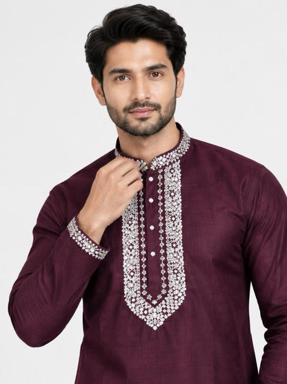 Men's Embroidered Japanese Fabric Kurta Set - Wine