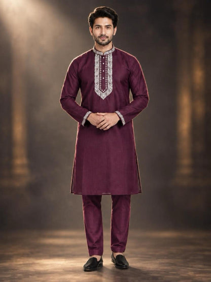Men's Embroidered Japanese Fabric Kurta Set - Wine