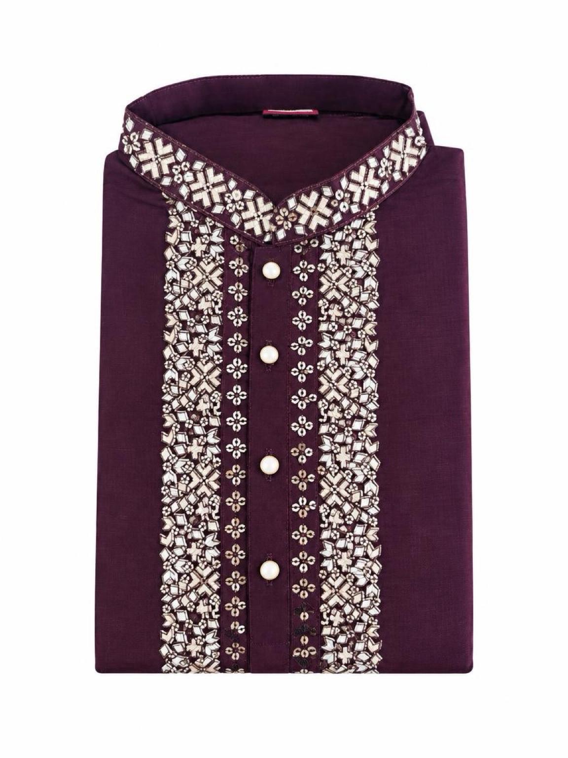 Men's Embroidered Japanese Fabric Kurta Set - Wine