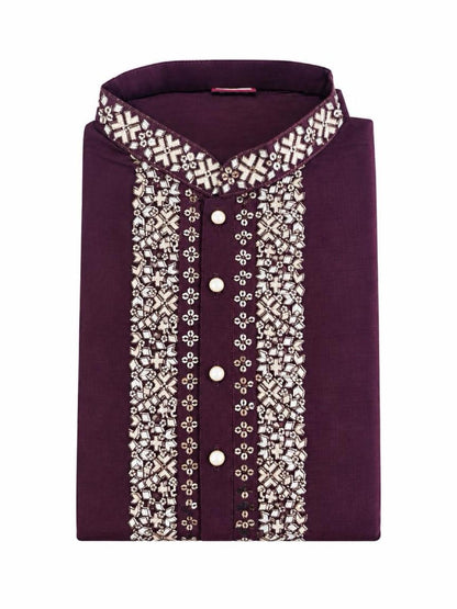Men's Embroidered Japanese Fabric Kurta Set - Wine