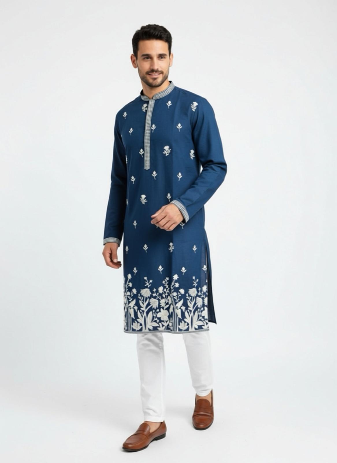 Navy Blue Floral Embroidery Kurta Set