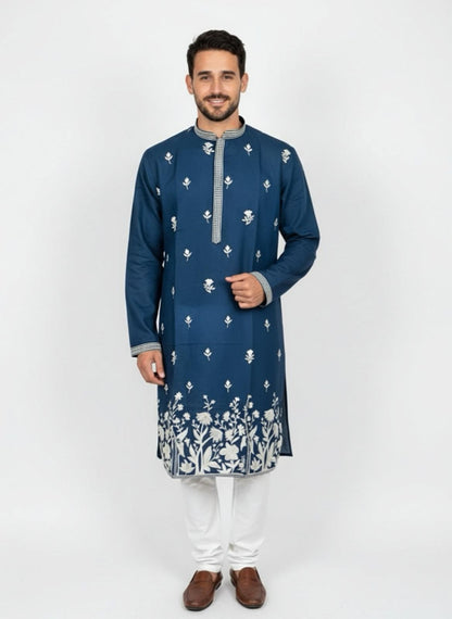Navy Blue Floral Embroidery Kurta Set