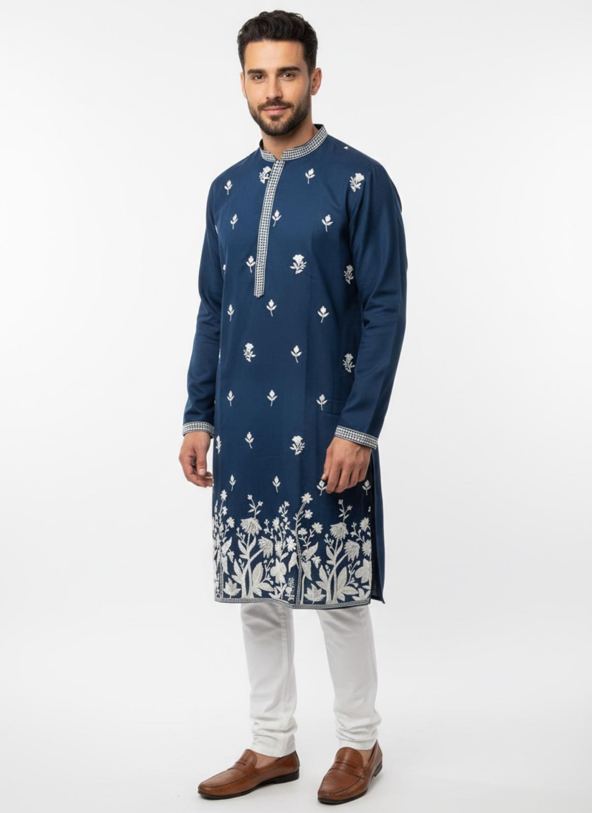 Navy Blue Floral Embroidery Kurta Set