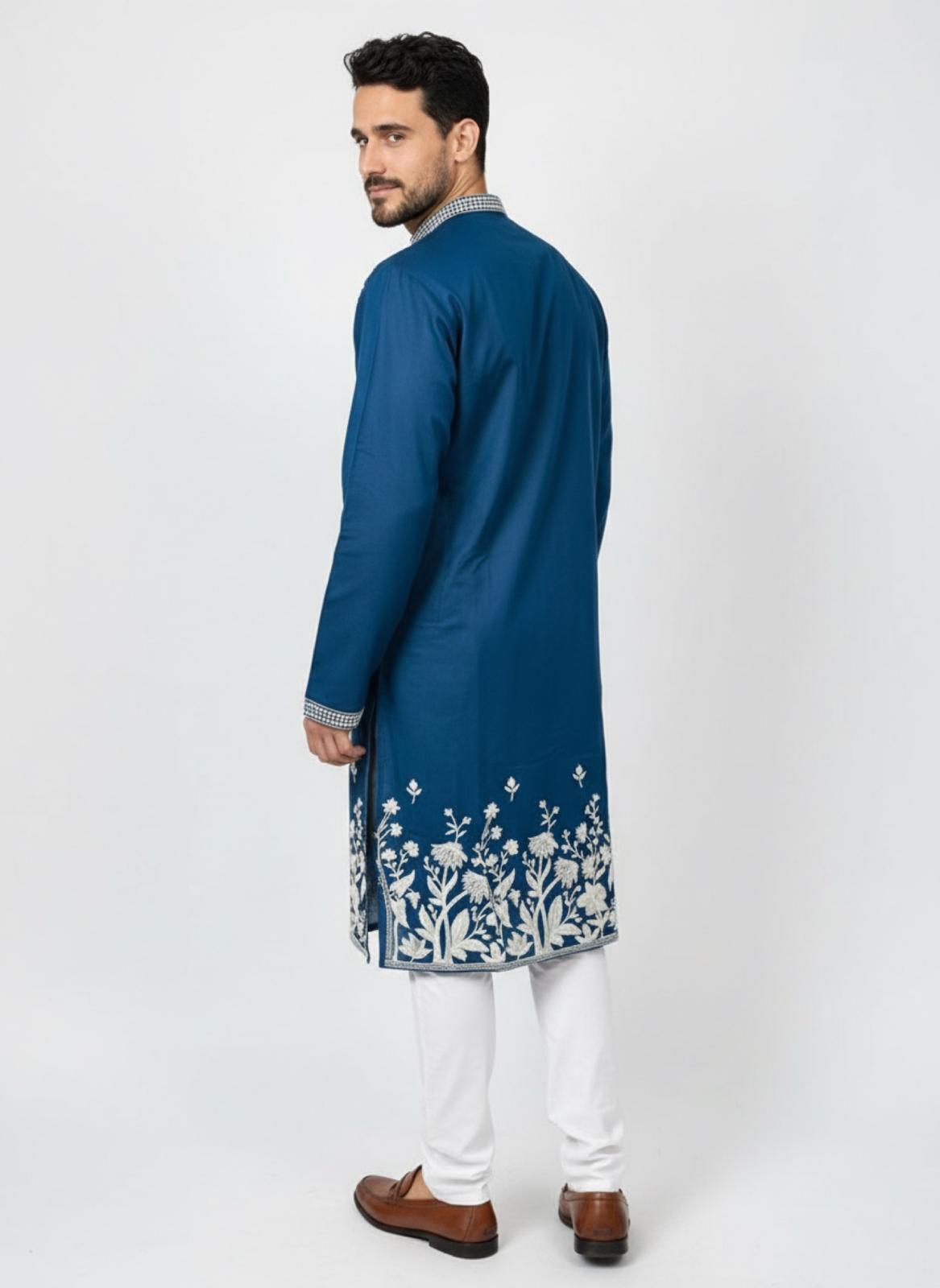 Navy Blue Floral Embroidery Kurta Set